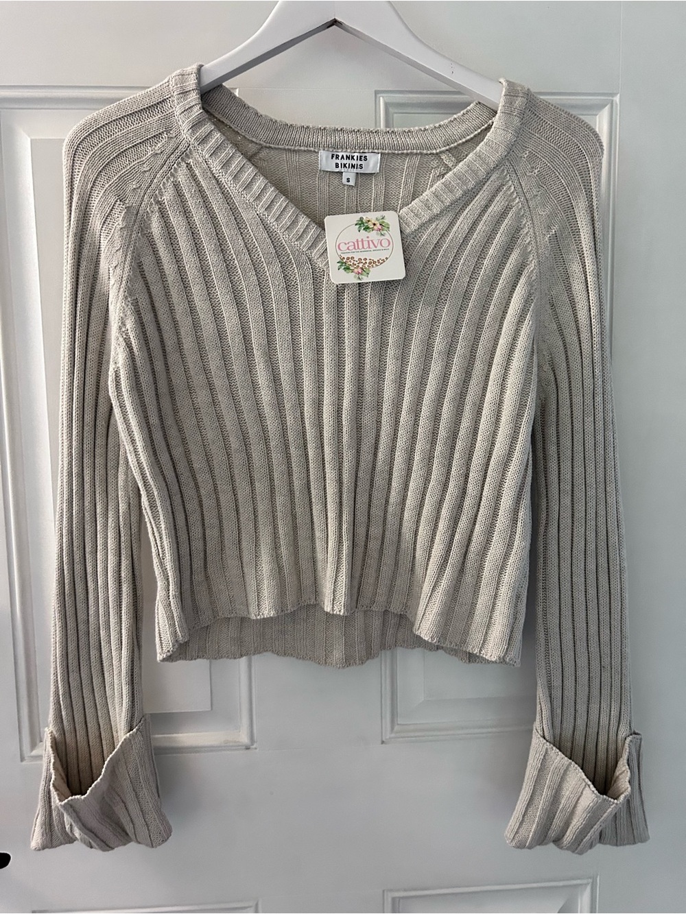 Frankie's Bikinis Cream Ribbed Cropped V-Neck Sweater